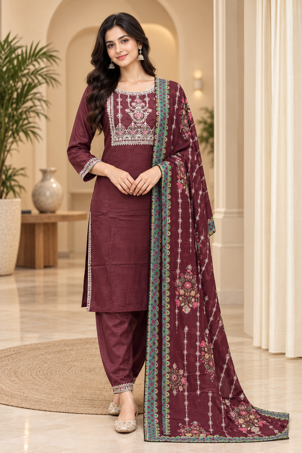 Deep Wine Embroidered 3-Piece Suit Set with Printed Dupatta