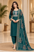 Deep Teal Embroidered 3-Piece Suit Set with Printed Dupatta