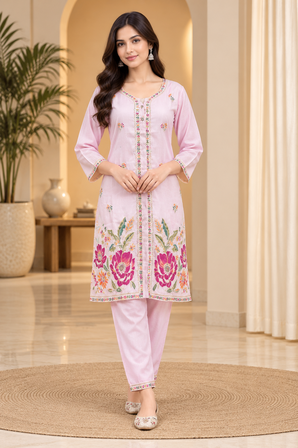 Premium Pink Floral Embroidered 2-Piece Suit Set – Kurti & Pant