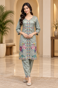 Sage Green Embroidered 2-Piece Ethnic Suit Set | Kurti & Pant