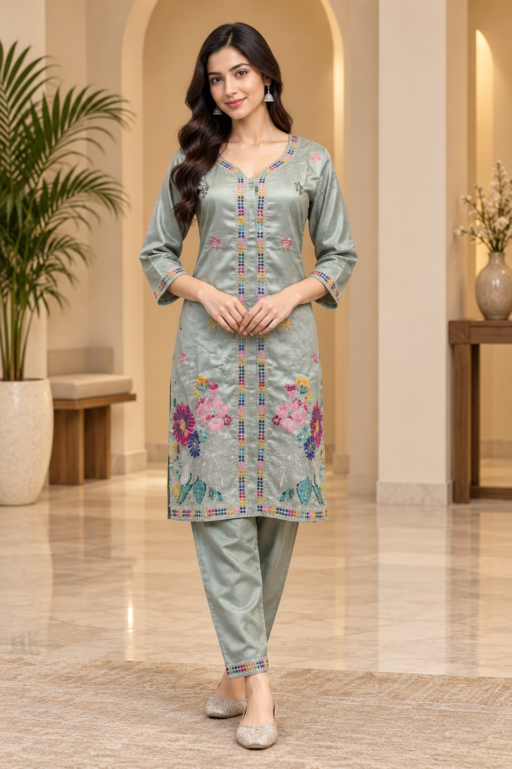 Sage Green Embroidered 2-Piece Ethnic Suit Set | Kurti & Pant
