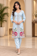 Ice Blue Floral Embroidered 2-Piece Suit Set | Kurti & Pant