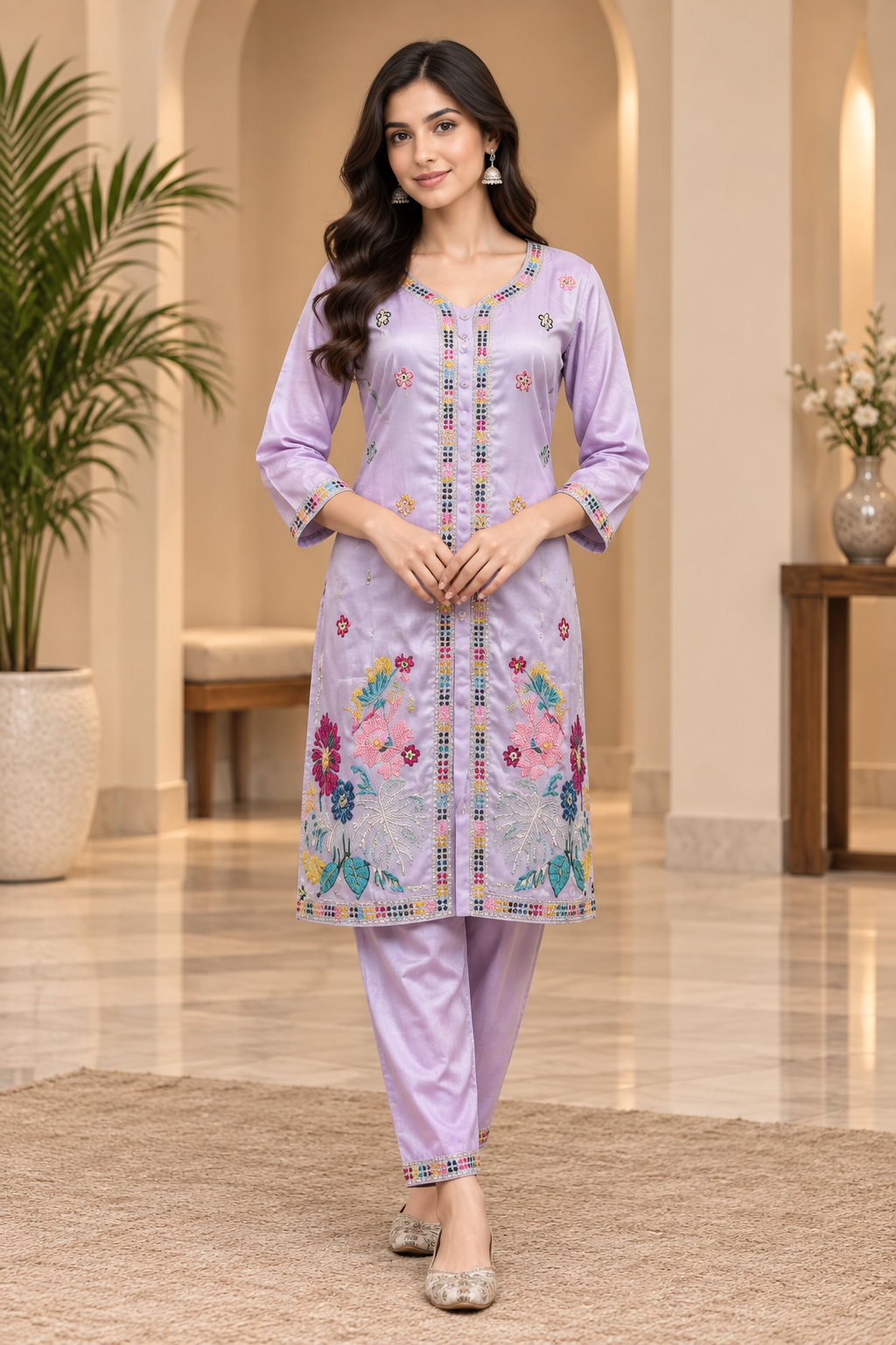 Lavender Floral Embroidered 2-Piece Ethnic Suit Set