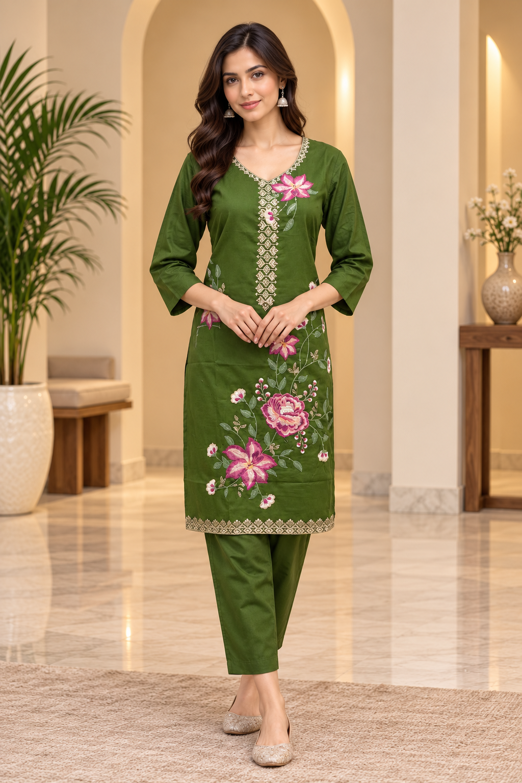 Olive Green Floral Embroidered 2-Piece Suit Set – Kurti & Pant