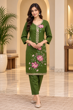 Olive Green Floral Embroidered 2-Piece Suit Set – Kurti & Pant