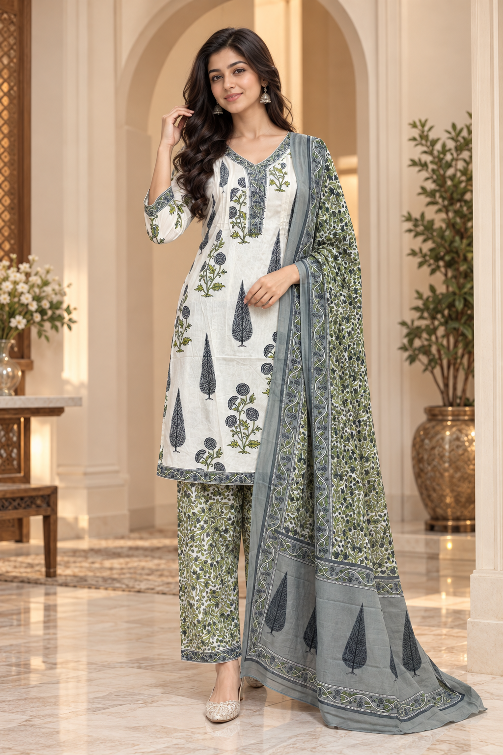 Ivory Pure Cotton 3-Piece Suit with Botanical Print – Kurti, Pant & Dupatta Set