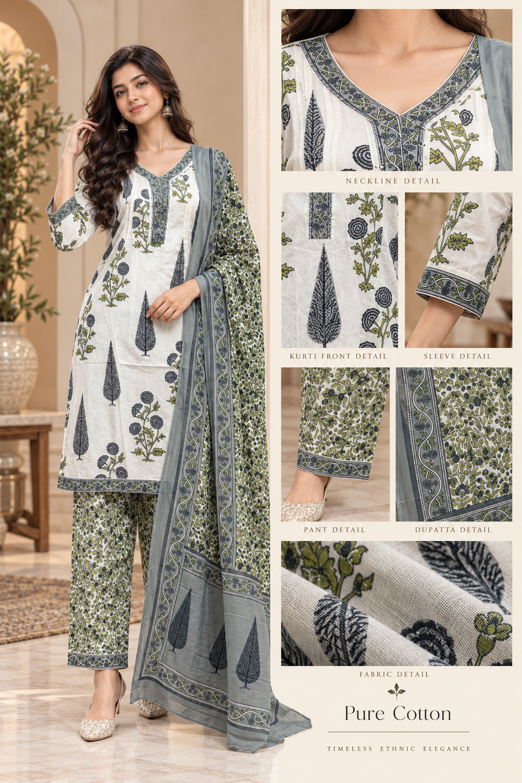 Ivory Pure Cotton 3-Piece Suit with Botanical Print – Kurti, Pant & Dupatta Set