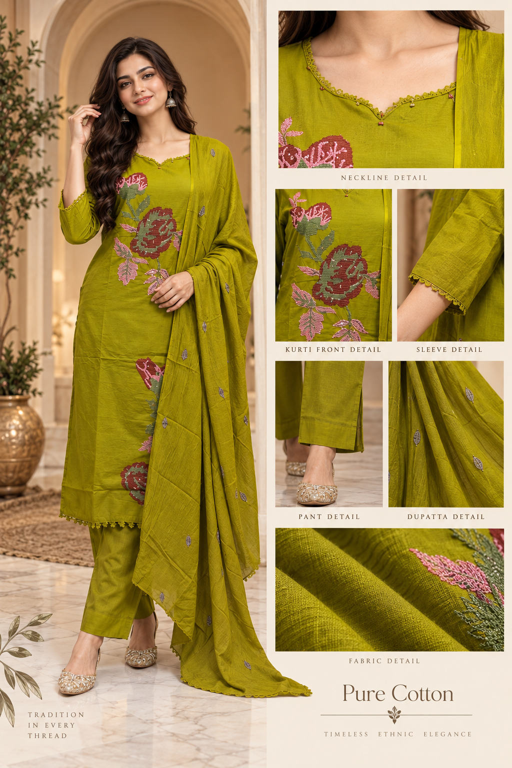 Olive Green Pure Cotton 3-Piece Suit with Floral Embroidery – Kurti, Pant & Dupatta Set