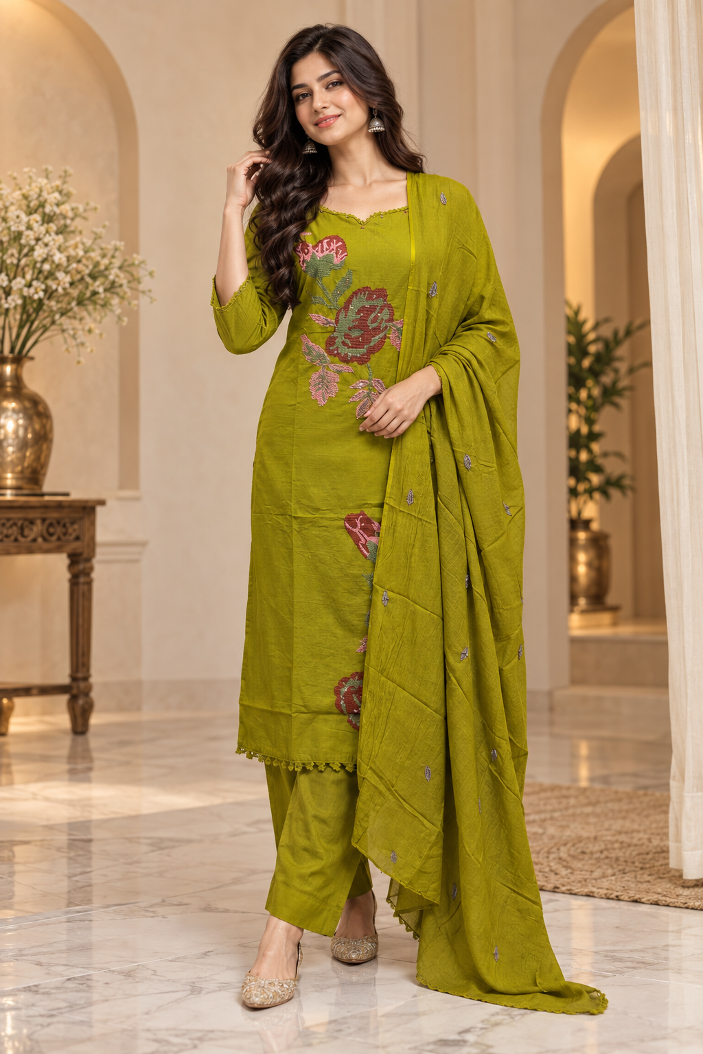Olive Green Pure Cotton 3-Piece Suit with Floral Embroidery – Kurti, Pant & Dupatta Set