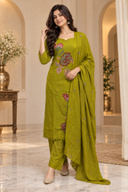 Olive Green Pure Cotton 3-Piece Suit with Floral Embroidery – Kurti, Pant & Dupatta Set