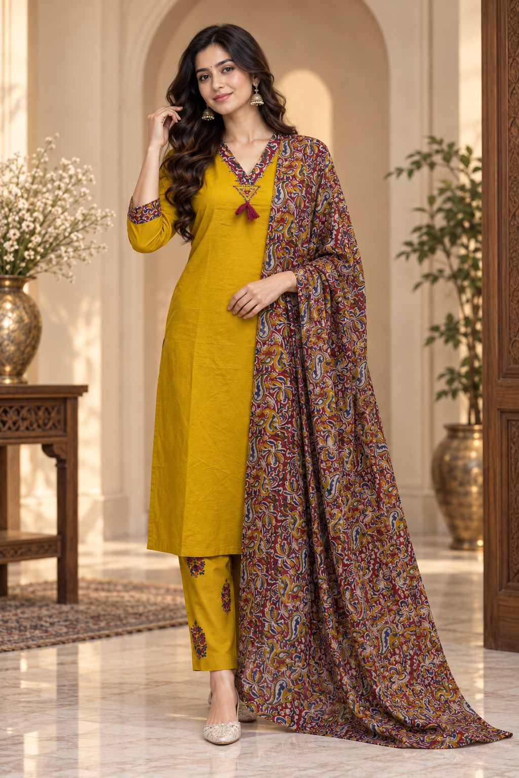 Mustard Pure Cotton 3-Piece Suit – Printed Kurti, Pant & Dupatta Set