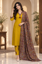 Mustard Pure Cotton 3-Piece Suit – Printed Kurti, Pant & Dupatta Set