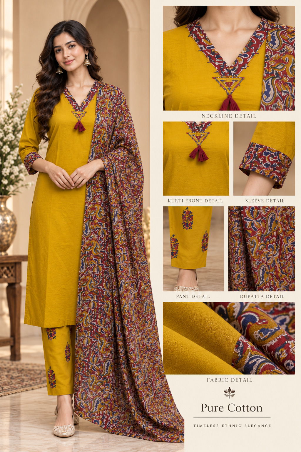 Mustard Pure Cotton 3-Piece Suit – Printed Kurti, Pant & Dupatta Set