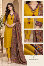 Mustard Pure Cotton 3-Piece Suit – Printed Kurti, Pant & Dupatta Set