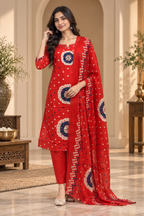 Red Pure Cotton 3-Piece Suit with Printed Kurti, Pant & Dupatta