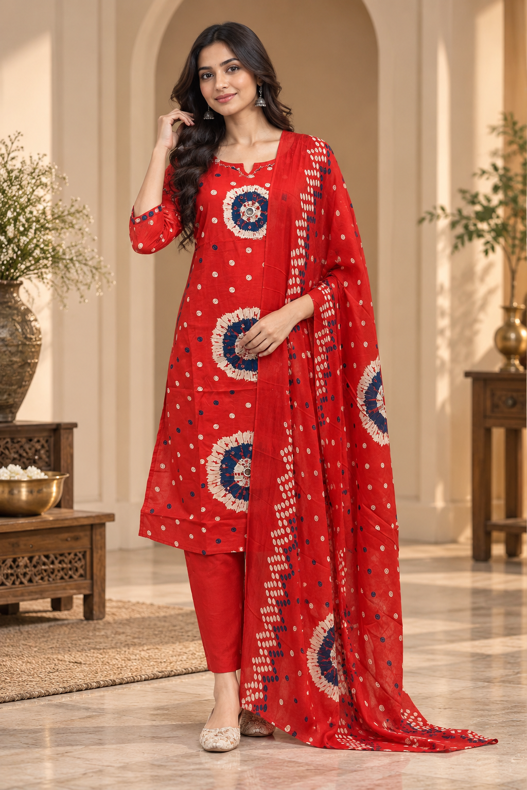 Red Pure Cotton 3-Piece Suit with Printed Kurti, Pant & Dupatta