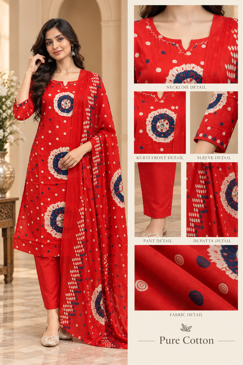 Red Pure Cotton 3-Piece Suit with Printed Kurti, Pant & Dupatta