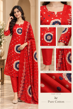 Red Pure Cotton 3-Piece Suit with Printed Kurti, Pant & Dupatta