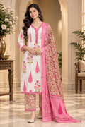 Ivory & Pink Pure Cotton 3-Piece Suit – Floral Printed Kurti, Pant & Dupatta Set