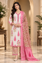 Ivory & Pink Pure Cotton 3-Piece Suit – Floral Printed Kurti, Pant & Dupatta Set