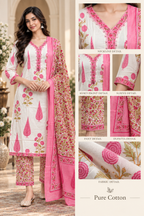 Ivory & Pink Pure Cotton 3-Piece Suit – Floral Printed Kurti, Pant & Dupatta Set