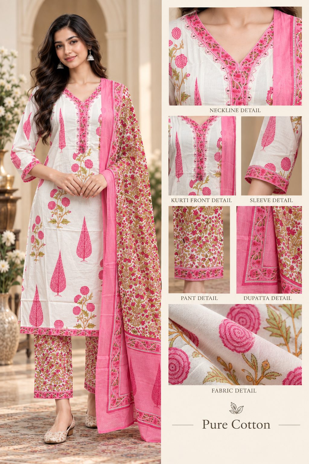 Ivory & Pink Pure Cotton 3-Piece Suit – Floral Printed Kurti, Pant & Dupatta Set
