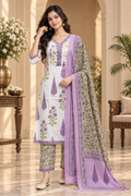 Lavender & White Pure Cotton 3-Piece Suit | Floral Printed Kurti, Pant & Dupatta