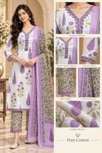 Lavender & White Pure Cotton 3-Piece Suit | Floral Printed Kurti, Pant & Dupatta