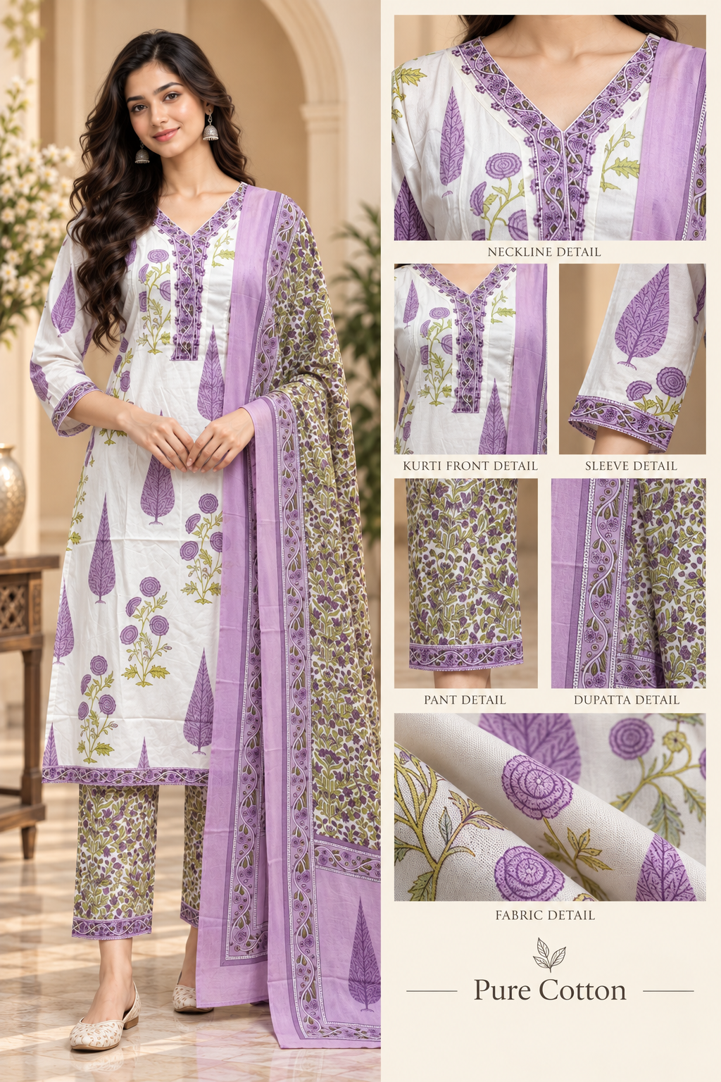 Lavender & White Pure Cotton 3-Piece Suit | Floral Printed Kurti, Pant & Dupatta