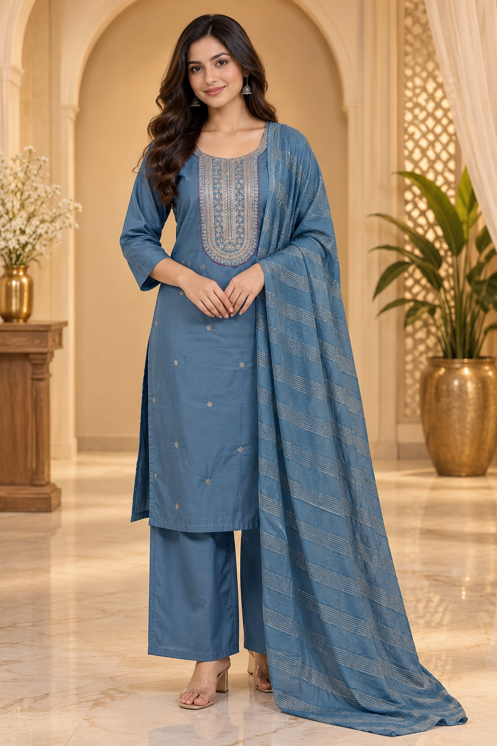 Teal Blue Roman Silk Dori Work Palazzo Set