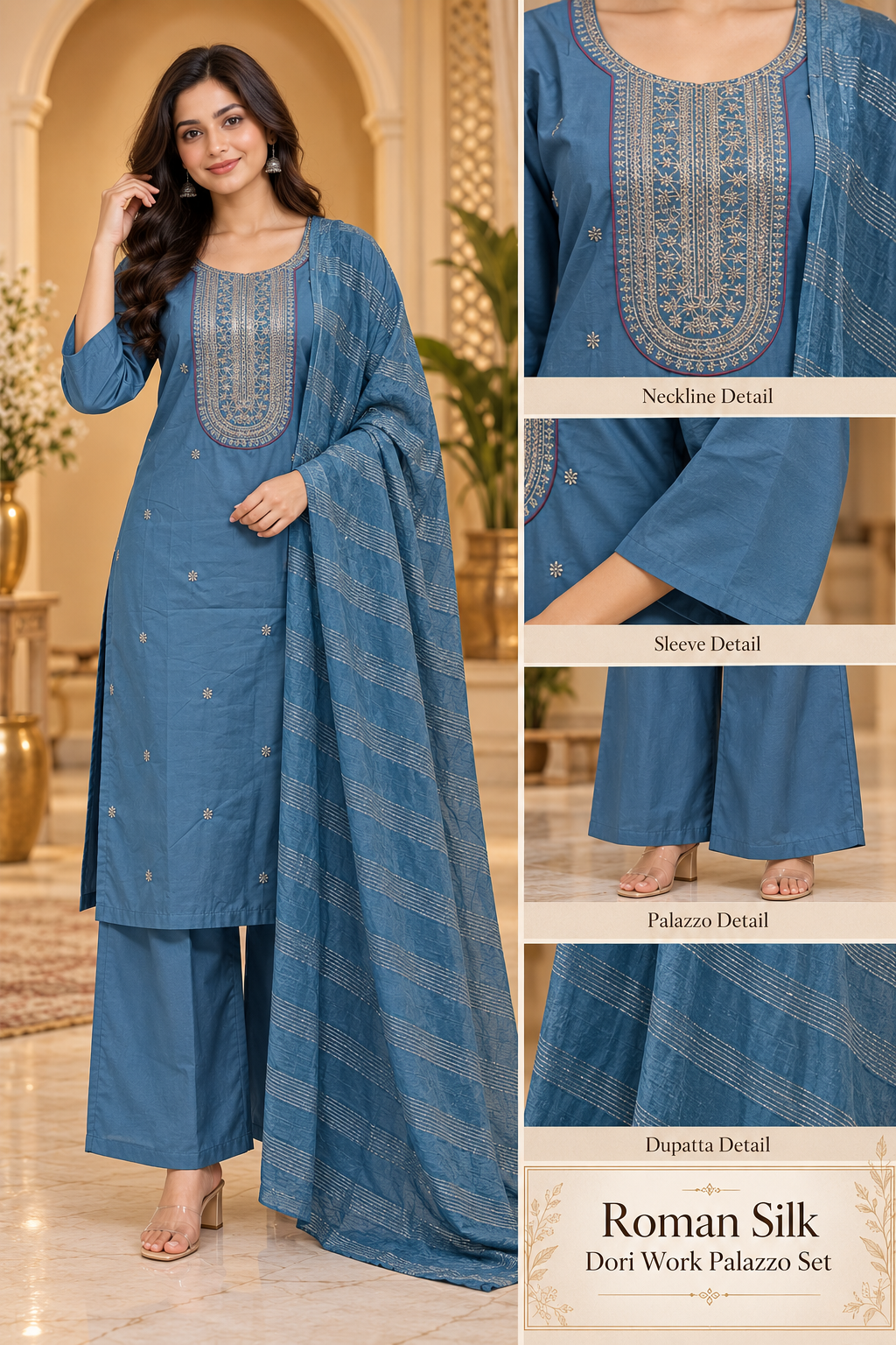 Teal Blue Roman Silk Dori Work Palazzo Set