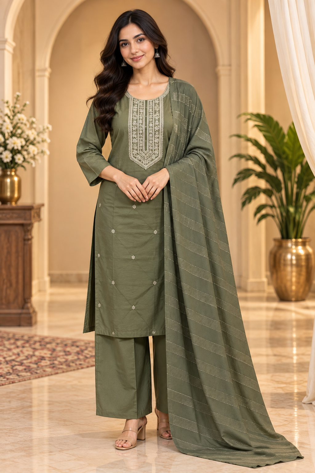 Olive Green Roman Silk Dori Work Palazzo Set