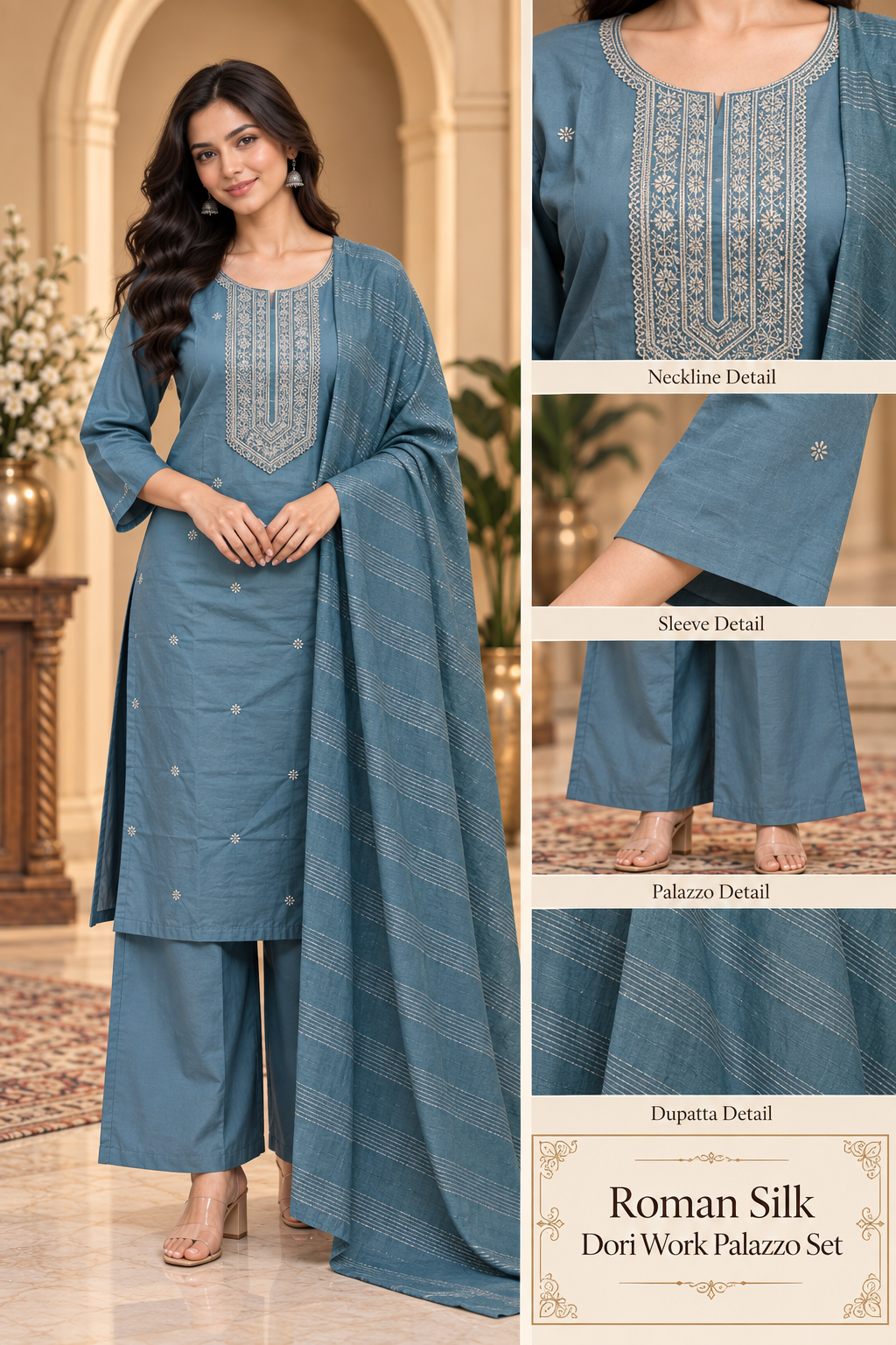 Blue-Grey Roman Silk Dori Work Palazzo Set