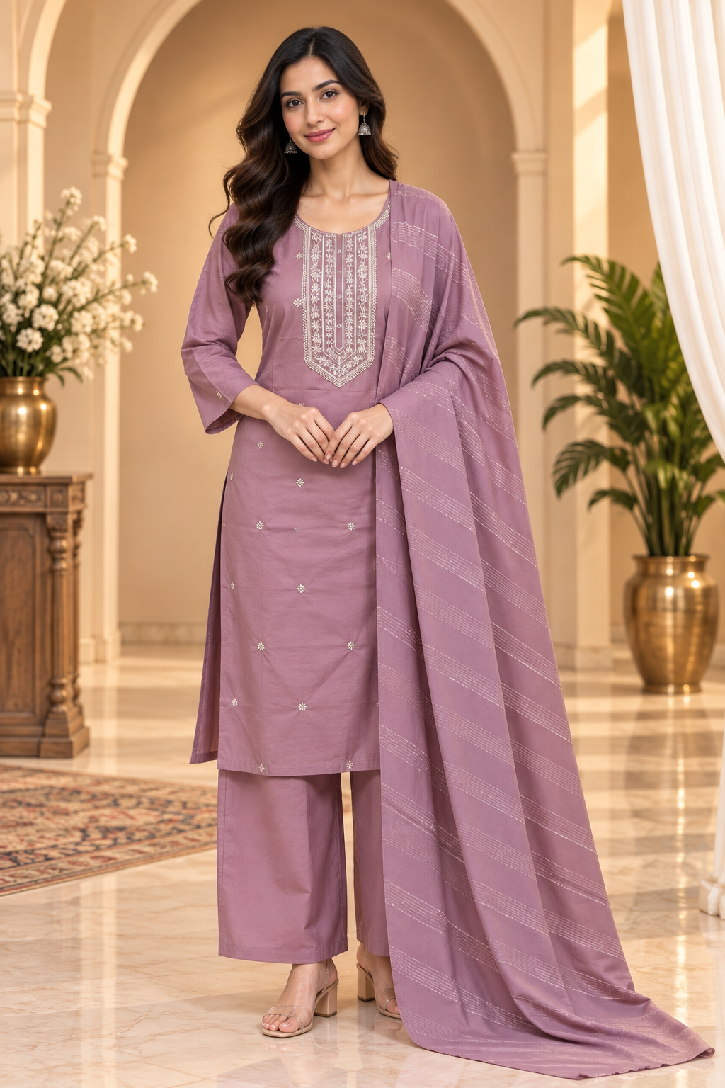 Roman Silk Dori Work Palazzo Set – Dusty Mauve