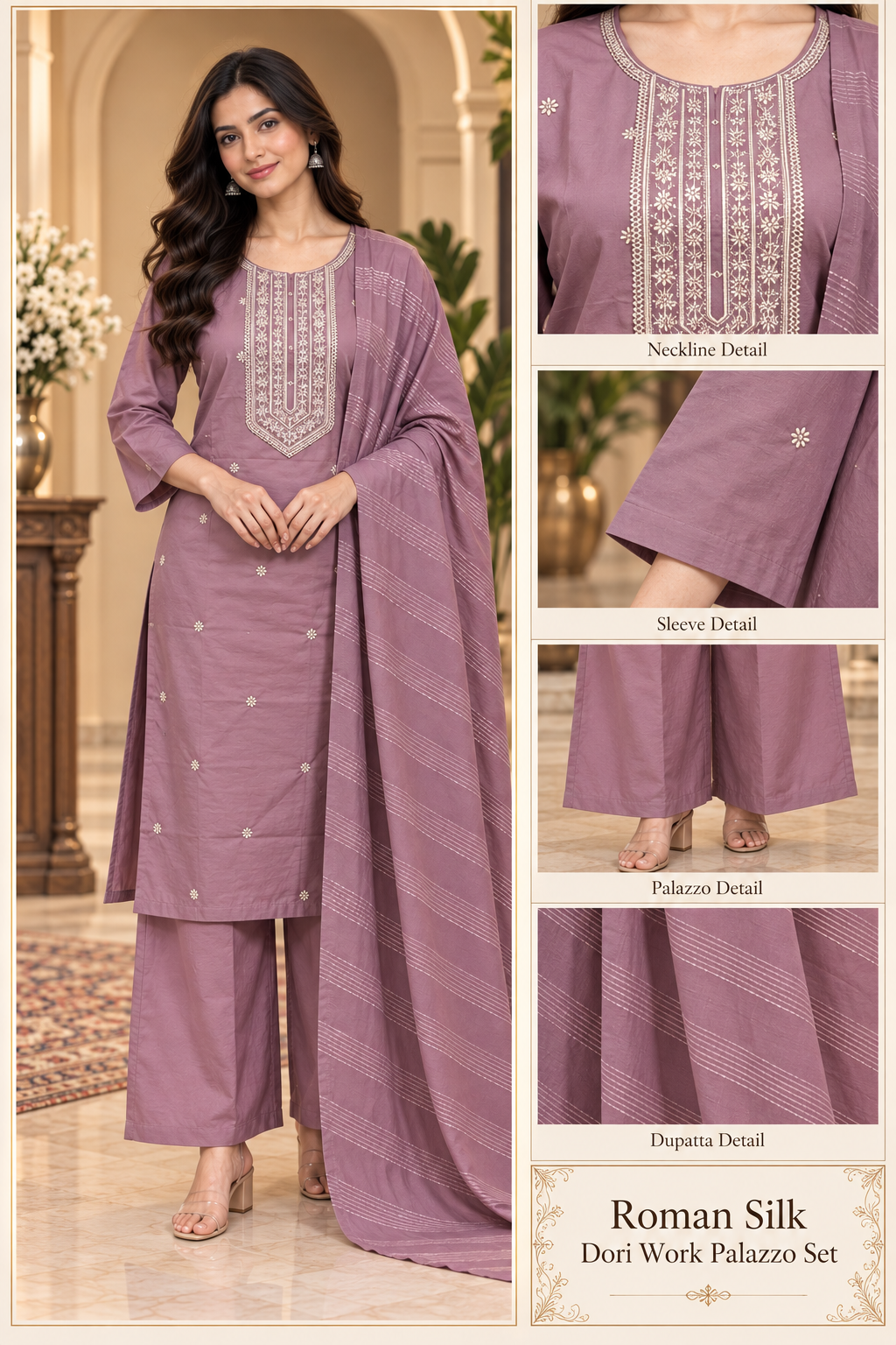Roman Silk Dori Work Palazzo Set – Dusty Mauve