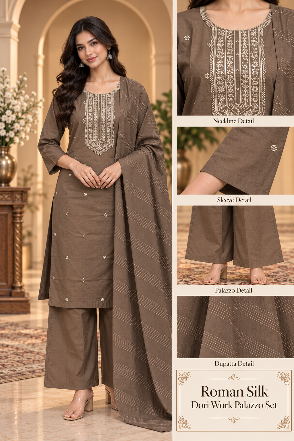 Taupe Roman Silk Dori Work Palazzo Set
