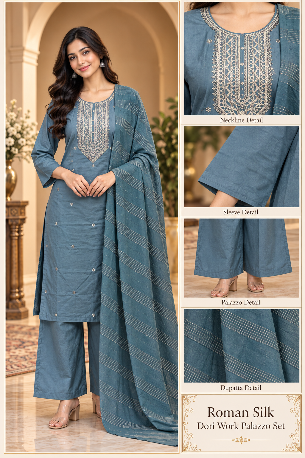 Teal Blue Roman Silk Dori Work Palazzo Set