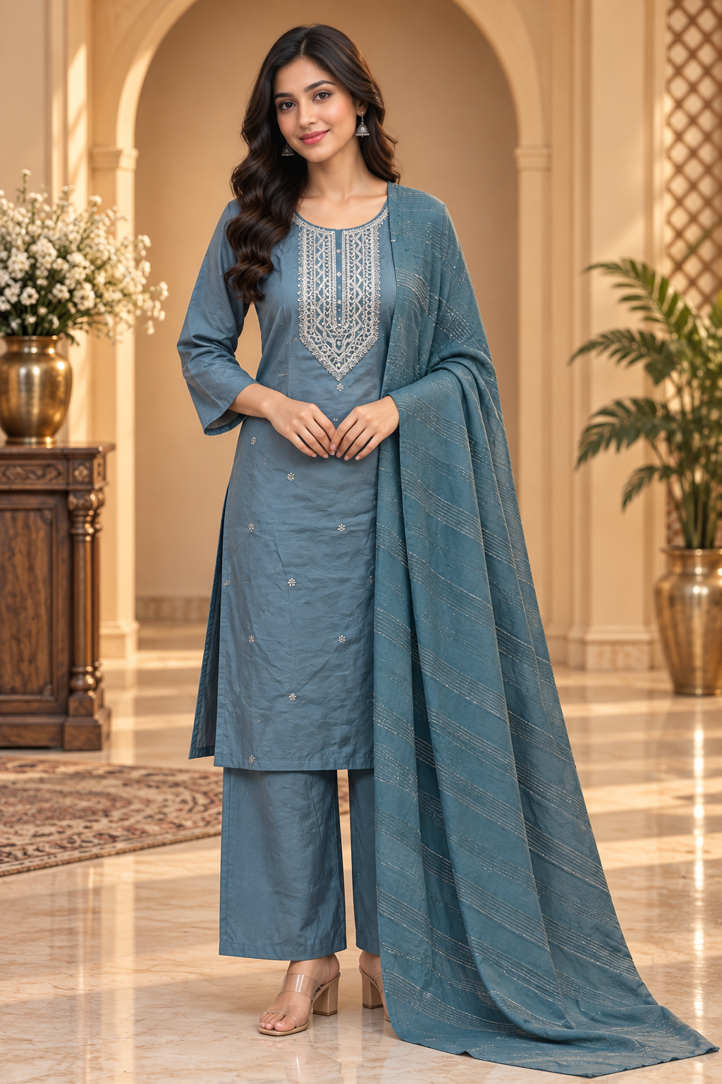 Teal Blue Roman Silk Dori Work Palazzo Set