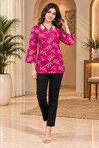 Magenta  Cotton Short Kurti with White Botanical Print & Cut-Out Neckline