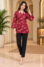 Maroon Mull Cotton Short Kurti with White Botanical Print & Cut-Out Neckline