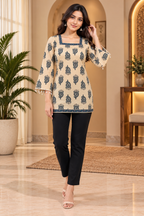 Cream Mull Cotton Short Kurti with Navy Paisley Print & Square Neckline