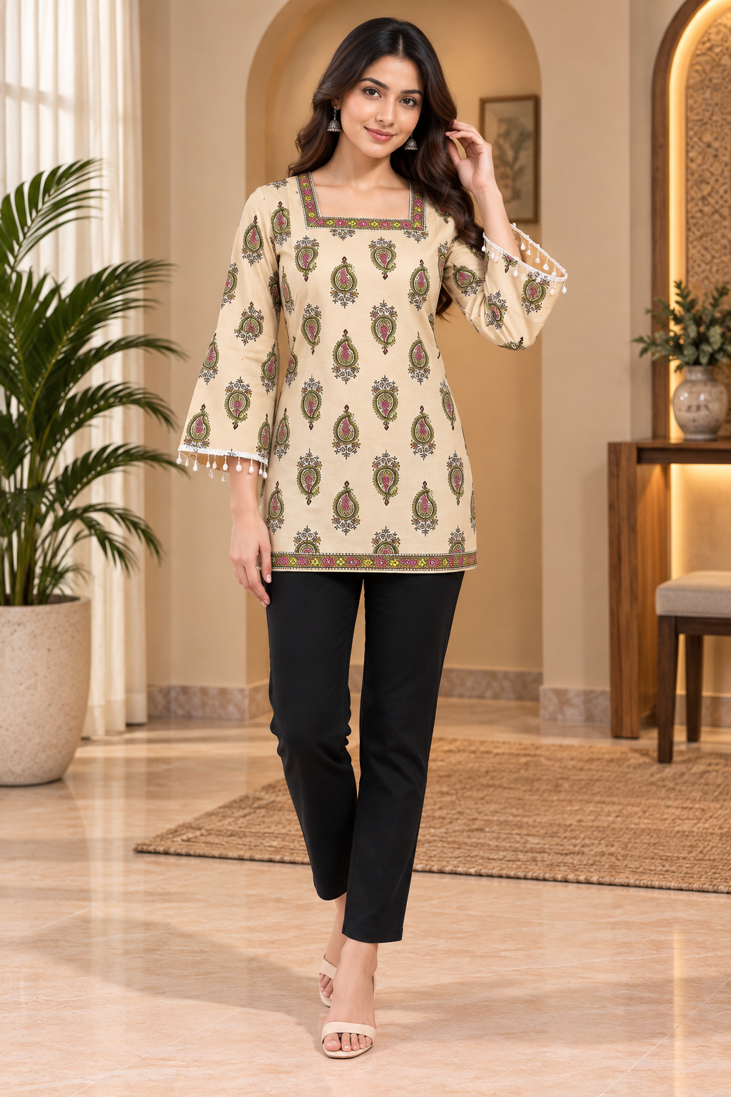 Cream Mull Cotton Short Kurti with Multicolour Paisley Print & Border Detail
