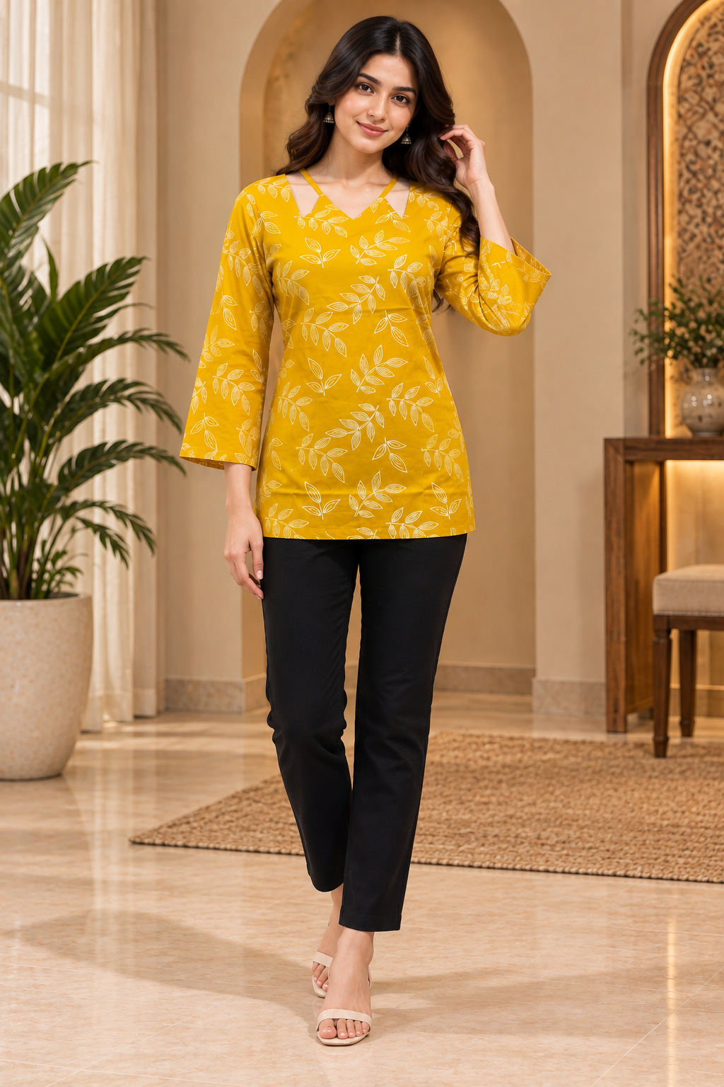 Mustard Yellow Mull Cotton Short Kurti with White Leaf Print & Cut-Out Neckline
