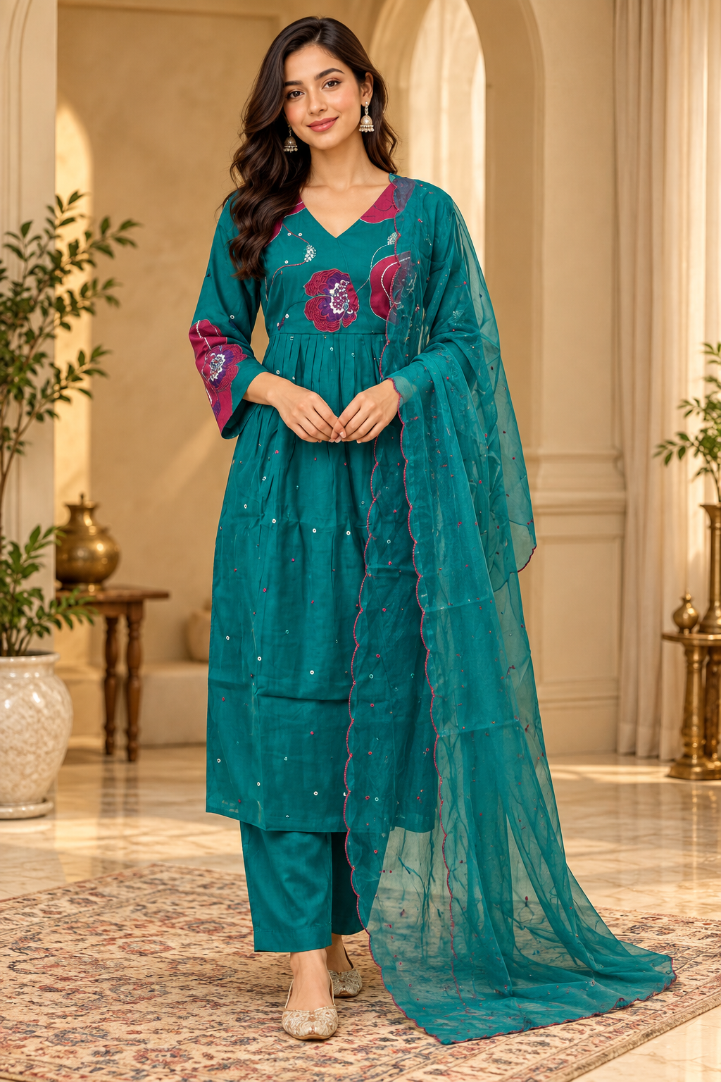 Teal Mull Chandri 3-Piece Suit Set with Floral Work | Round Kurti, Pant & Dupatta