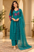 Teal Mull Chandri 3-Piece Suit Set with Floral Work | Round Kurti, Pant & Dupatta