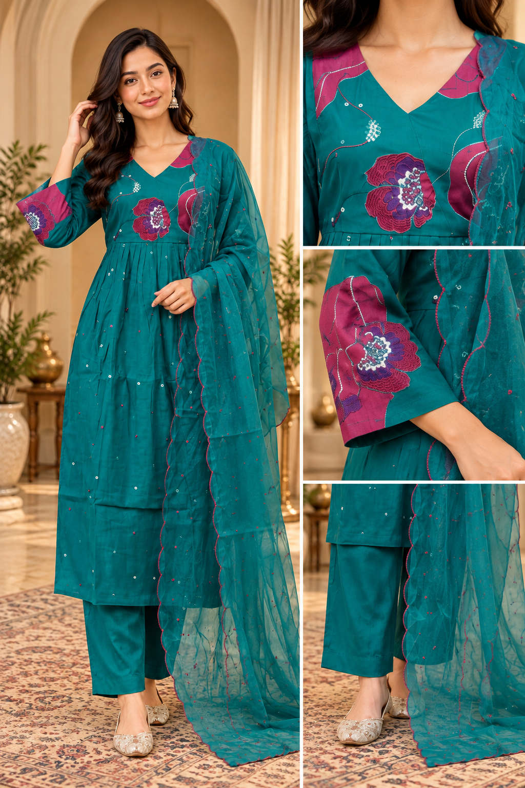 Teal Mull Chandri 3-Piece Suit Set with Floral Work | Round Kurti, Pant & Dupatta