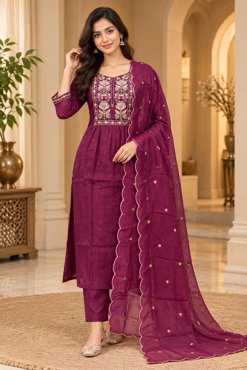 Plum Mull Chandri 3-Piece Suit Set | Floral Embroidered Round Kurti with Pant & Dupatta