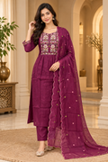 Plum Mull Chandri 3-Piece Suit Set | Floral Embroidered Round Kurti with Pant & Dupatta