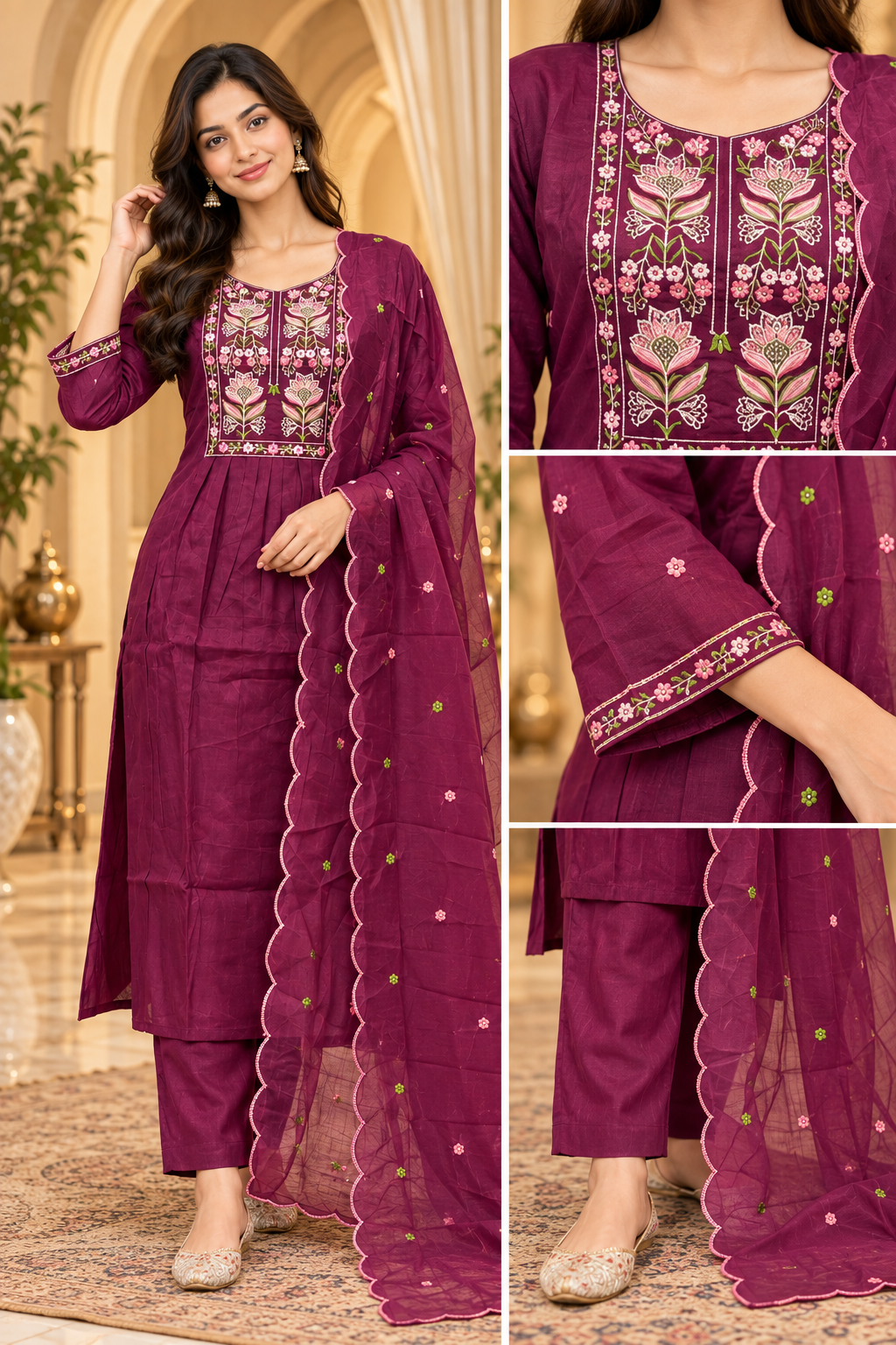 Plum Mull Chandri 3-Piece Suit Set | Floral Embroidered Round Kurti with Pant & Dupatta