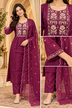 Plum Mull Chandri 3-Piece Suit Set | Floral Embroidered Round Kurti with Pant & Dupatta